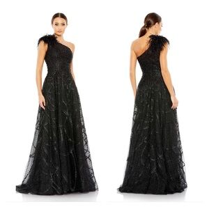 Mac Duggal Black One-Shoulder Feather Evening Gown